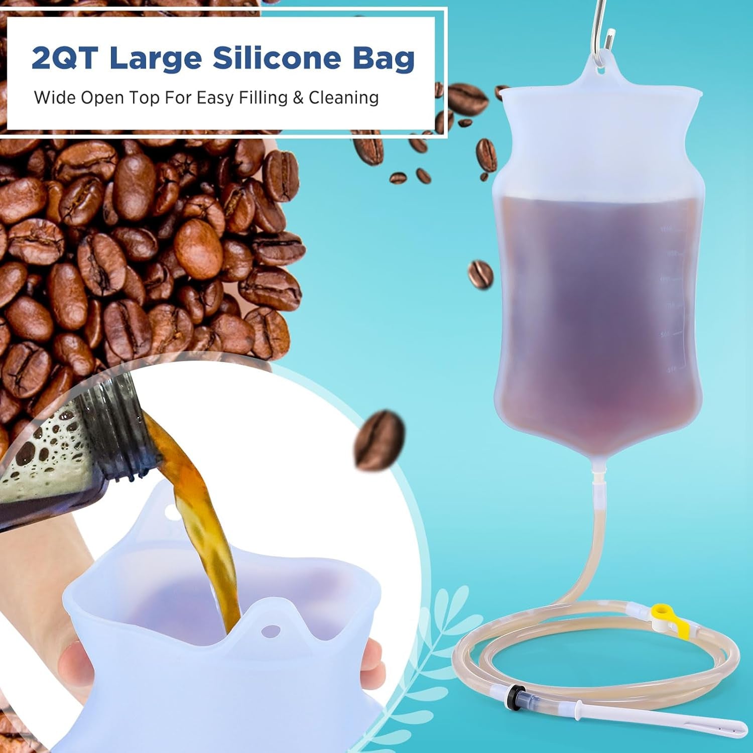 Kit de clismă reutilizabil de 2 litri pentru curățarea colonului, pungi de clismă pentru curățarea detoxifierii colonului, clisme cu tub lung din silicon, 4 vârfuri, debit controlat de apă, set de irigator de călătorie