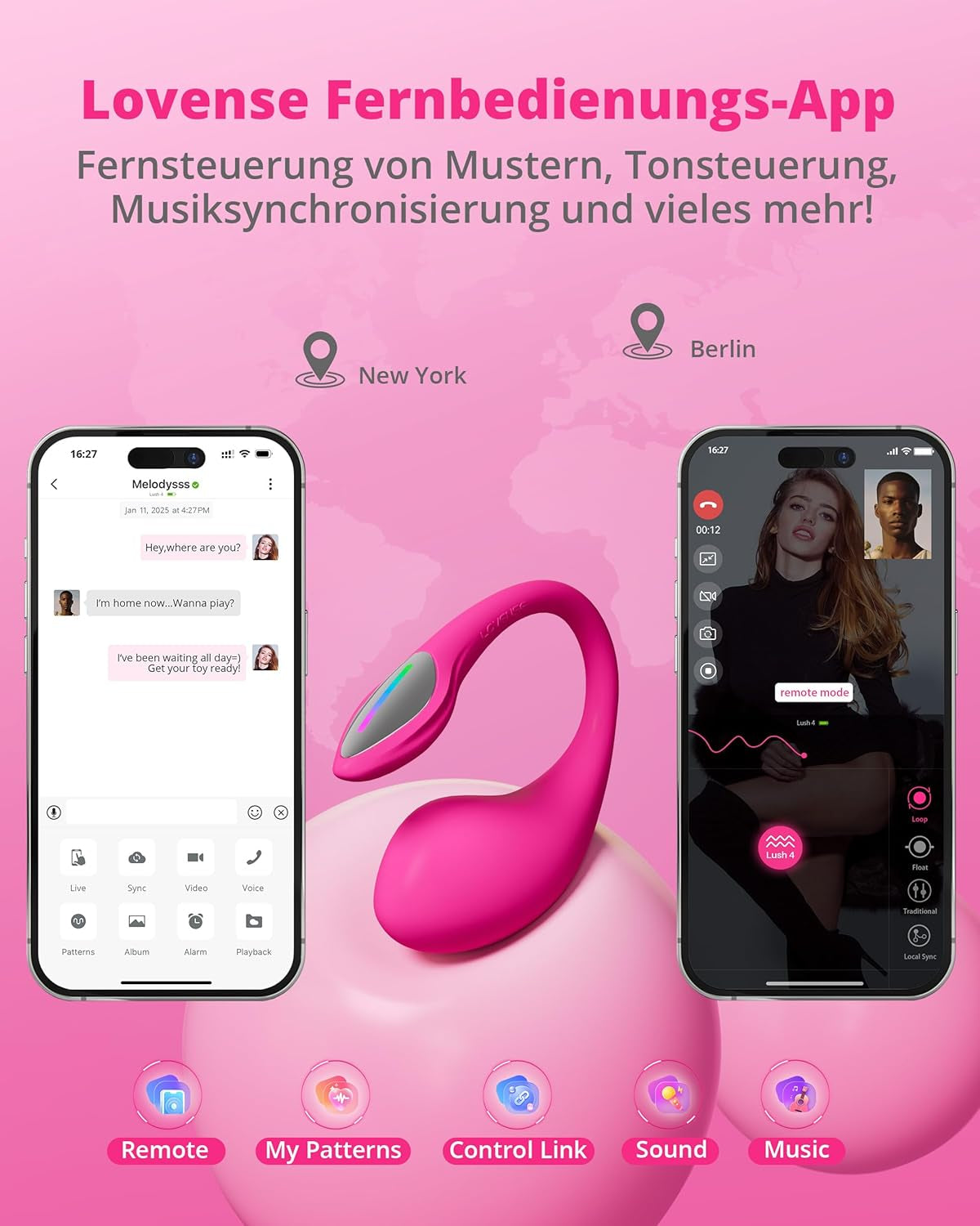 Vibrator LOVENSE Lush 4, jucărie sexuală pentru cupluri, vibrator pentru punctul G pentru femei, vibrator portabil cu telecomandă și lumină LED, impermeabil IPX7, vibrator silențios pentru cupluri controlat prin aplicație, jucării sexuale, roz