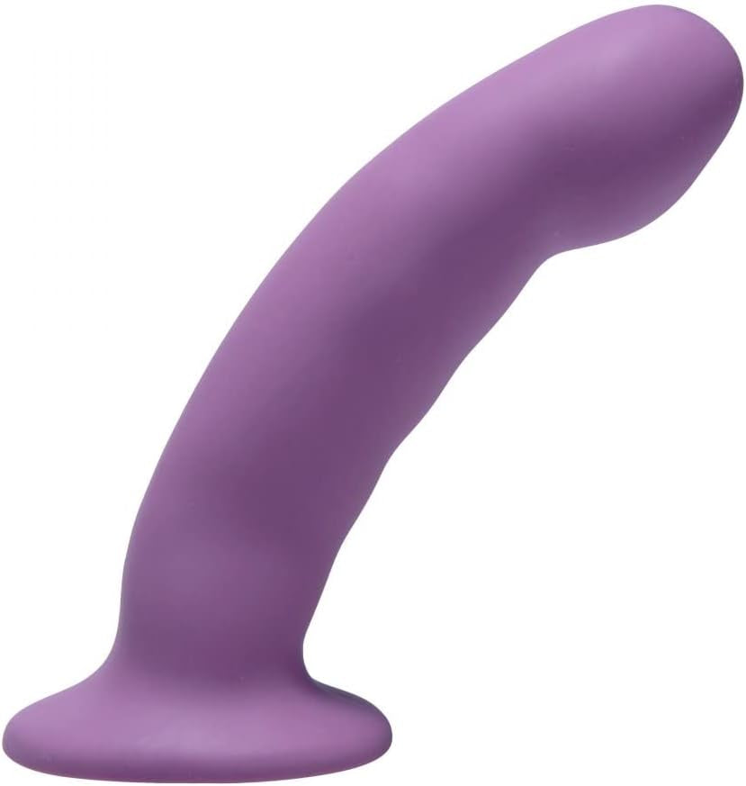 dildo curbat cu curea din silicon violet, cu ham