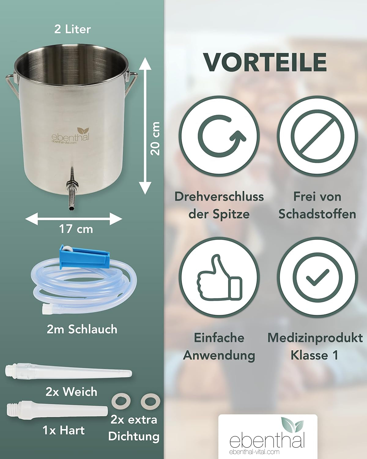 Clismă EBENTHAL-VITAL cu furtun de 2 m și recipient din oțel inoxidabil - Irigator fără BPA pentru curățarea colonului - Irigarea colonului și duș intim - Set de curățare a colonului 2 litri