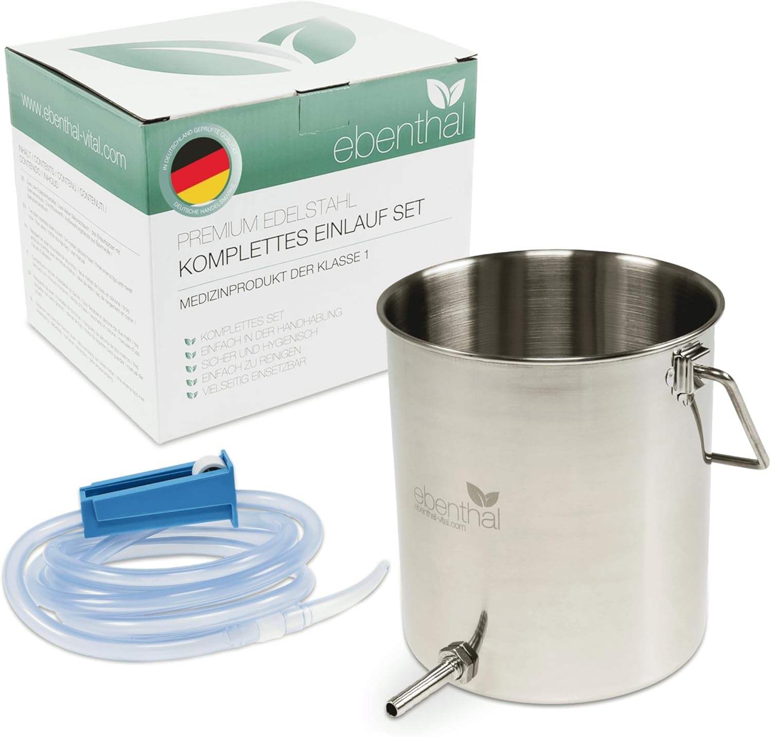 Clismă EBENTHAL-VITAL cu furtun de 2 m și recipient din oțel inoxidabil - Irigator fără BPA pentru curățarea colonului - Irigarea colonului și duș intim - Set de curățare a colonului 2 litri