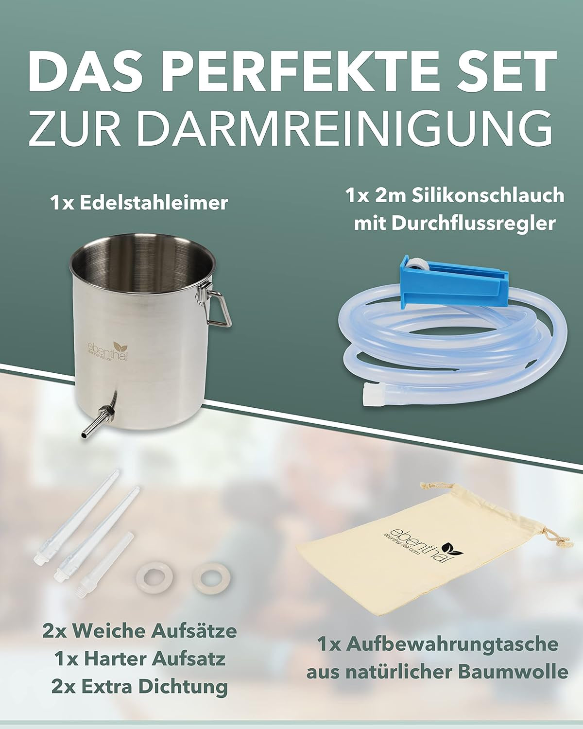 Clismă EBENTHAL-VITAL cu furtun de 2 m și recipient din oțel inoxidabil - Irigator fără BPA pentru curățarea colonului - Irigarea colonului și duș intim - Set de curățare a colonului 2 litri