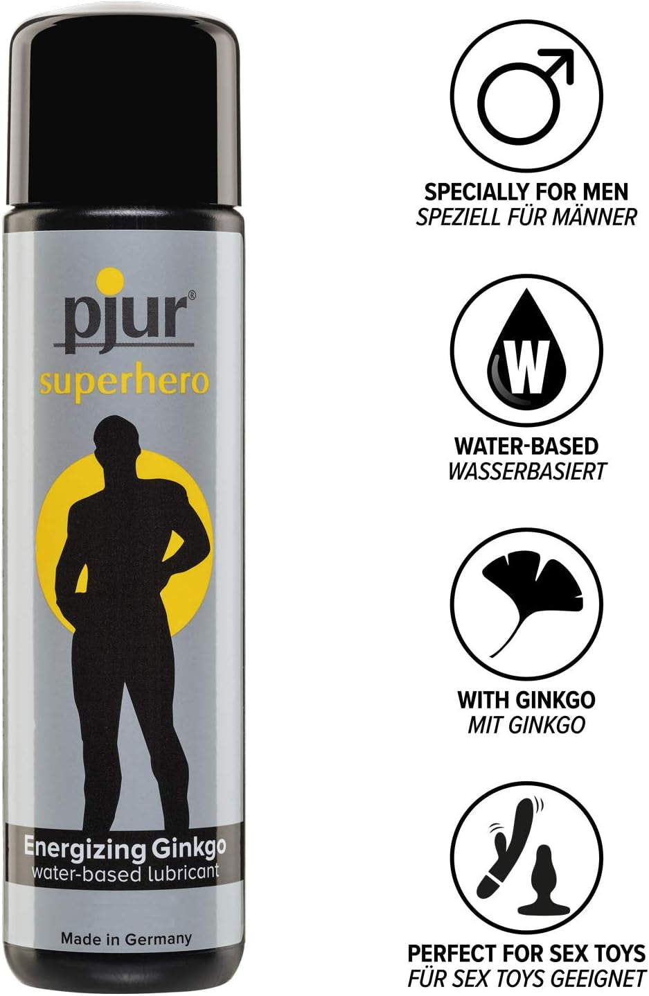 pjur superhero Energizing Glide - Lubrifiant pe bază de apă cu ginkgo - revigorant și stimulant - pentru toți bărbații care își doresc mai mult (30ml)