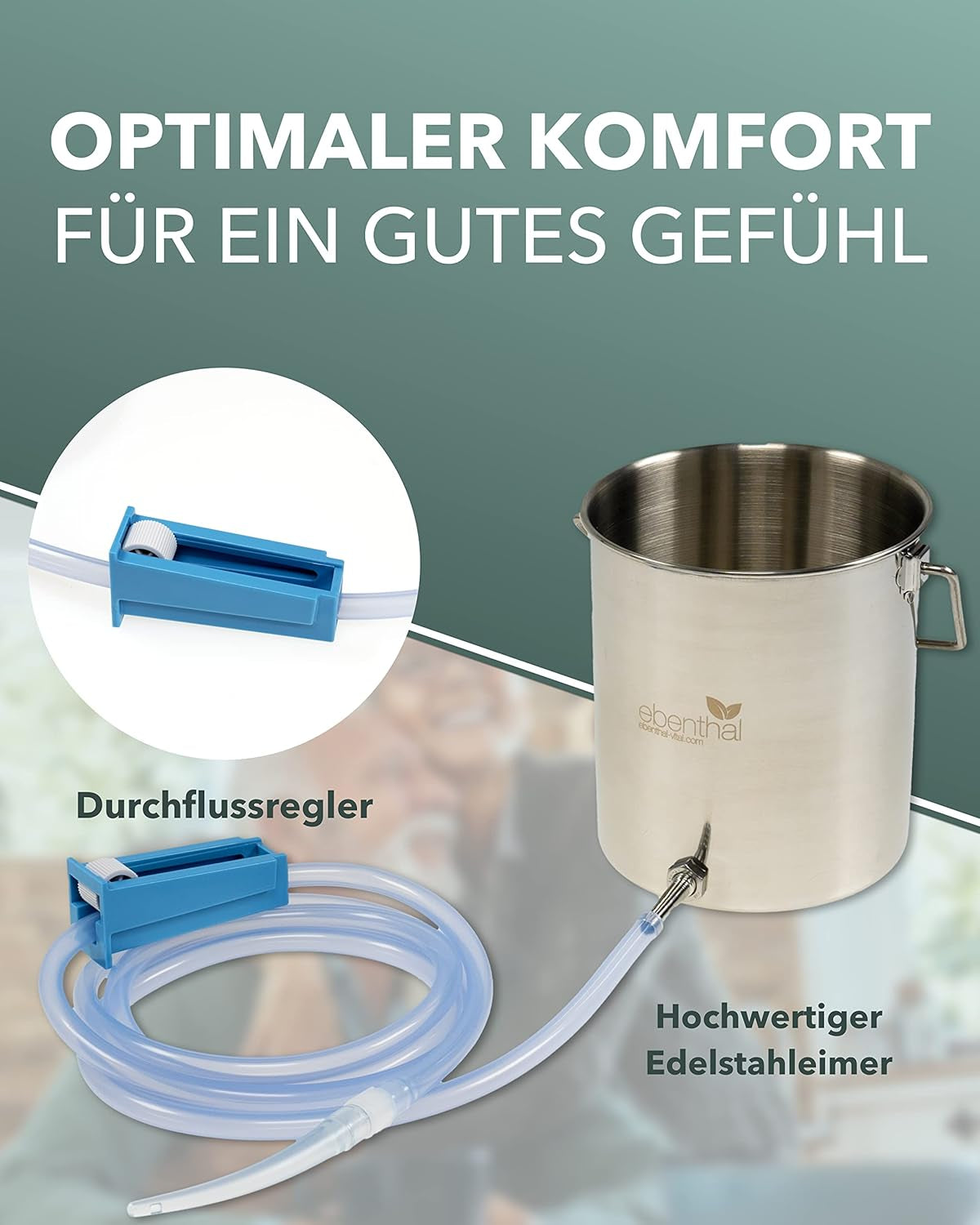 Clismă EBENTHAL-VITAL cu furtun de 2 m și recipient din oțel inoxidabil - Irigator fără BPA pentru curățarea colonului - Irigarea colonului și duș intim - Set de curățare a colonului 2 litri