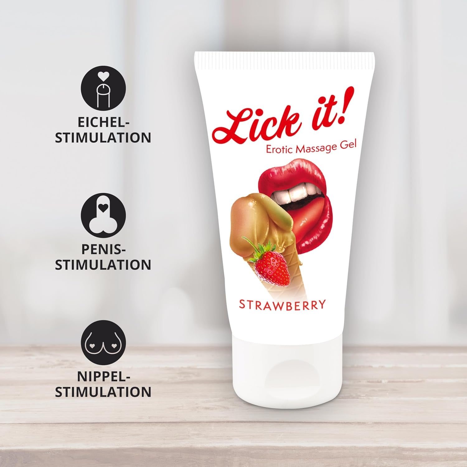 You2Toys Lick it! Gel de masaj erotic „Căpșuni” - lubrifiant seducător pentru femei și bărbați, pe bază de apă, vegan, cu aromă de căpșuni, 50 ml