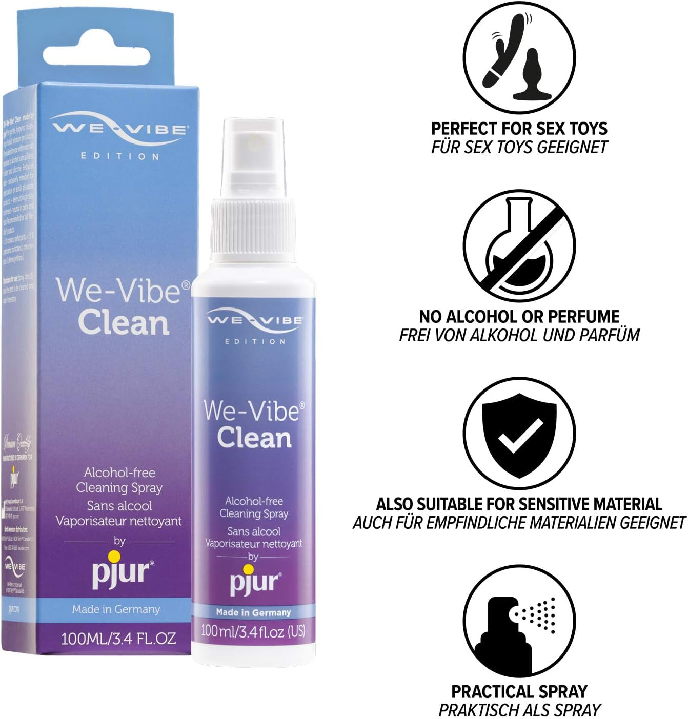 Spray de curățare We-Vibe de la pjur - Spray de curățare pentru jucăriile We-Vibe - Fabricat în Germania - Curățare igienică fără alcool și parfum (100ml)