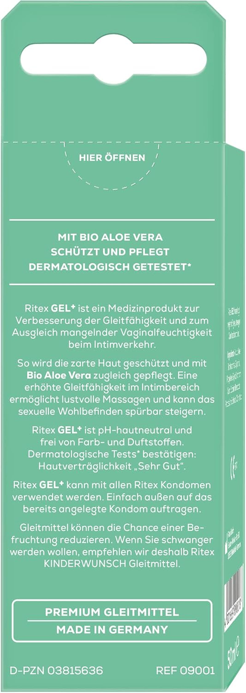 Gel lubrifiant Ritex GEL+ cu aloe vera organică, protejează și îngrijește, pe bază de apă, 50 ml, fabricat în Germania